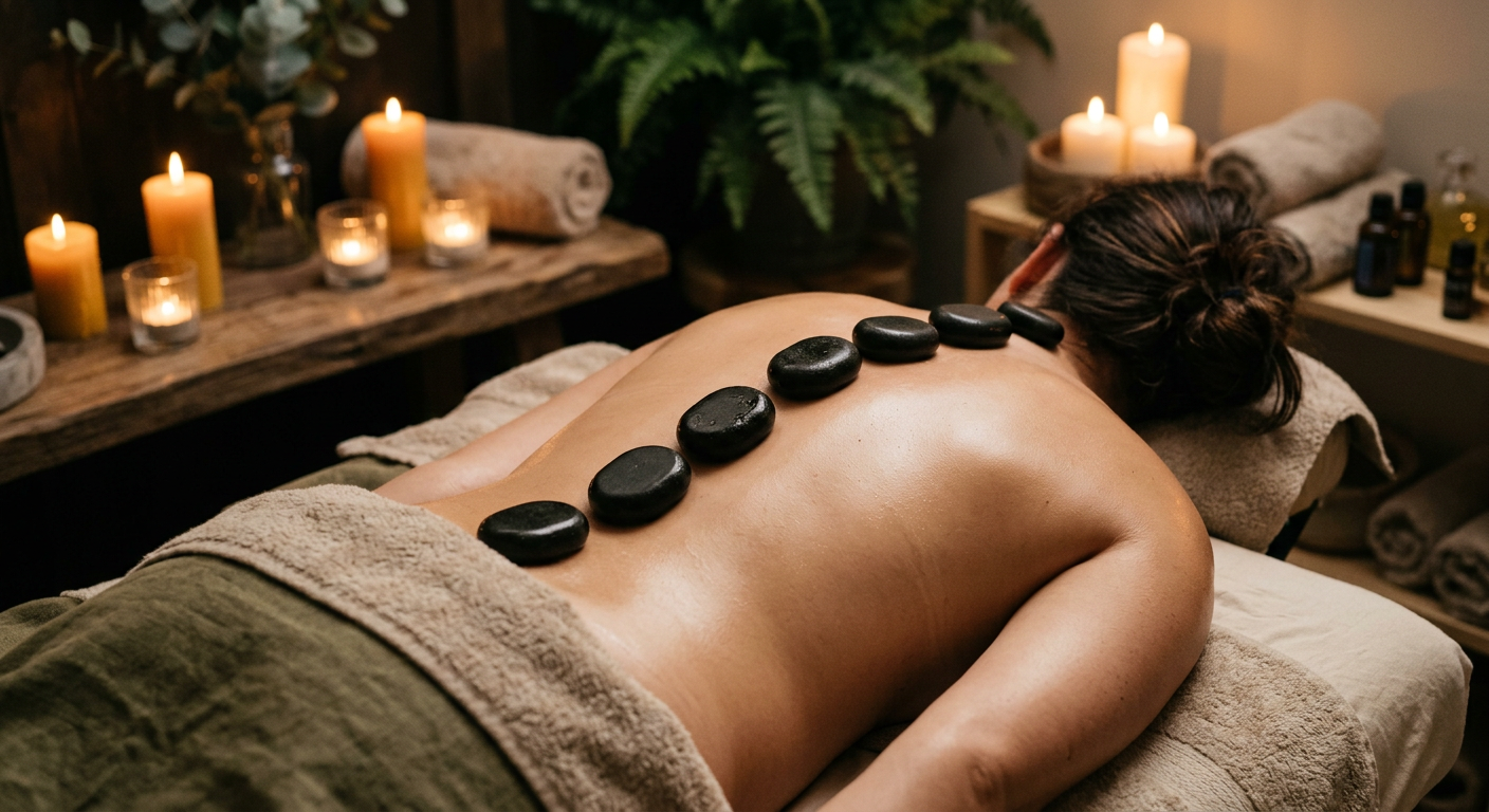 Warm basalt stones placed along a client’s back during a hot stone massage