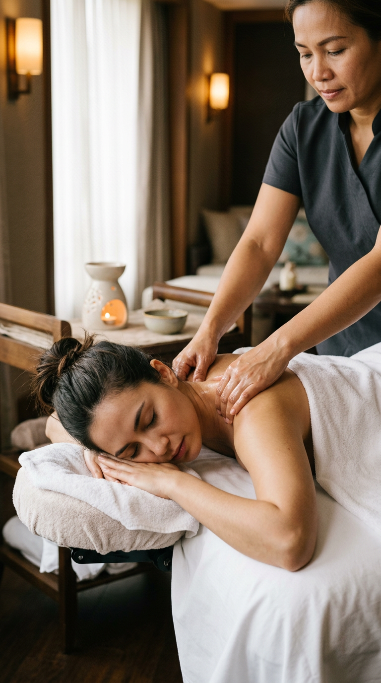 Therapist giving a relaxing shoulder massage in a softly lit treatment room